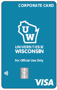 Mock-up of what a corporate card looks like -- blue VISA credit card with the Universities of Wisconsin logo on it.