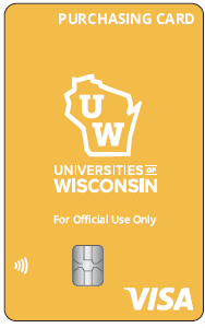 Mock-up of what a department card looks like -- yellow-gold VISA credit card with the Universities of Wisconsin logo on it.
