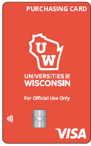 Mock-up of what a purchasing card looks like -- reddish orange VISA credit card with the Universities of Wisconsin logo on it.