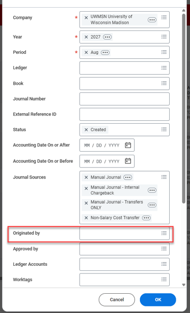 Example screenshot of Workday's "Finding Journals (UW)" filters to help find created but unsubmitted accounting journals.