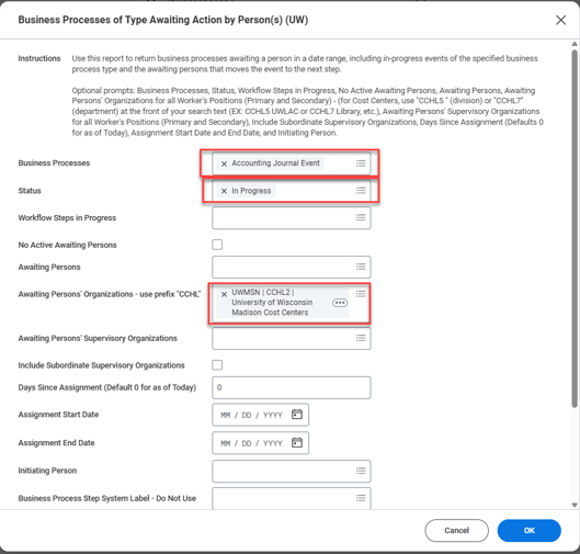 Screenshot of the "Business Processes of Type Awaiting Action by Person(s) (UW)" report with certain filters to help find in progress accounting journal entries.