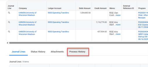Screenshot from Workday showing how to search a journal ID in the search bar, where to click to enter into the journal entry, and highlighting the "Process History" tab for that journal entry.